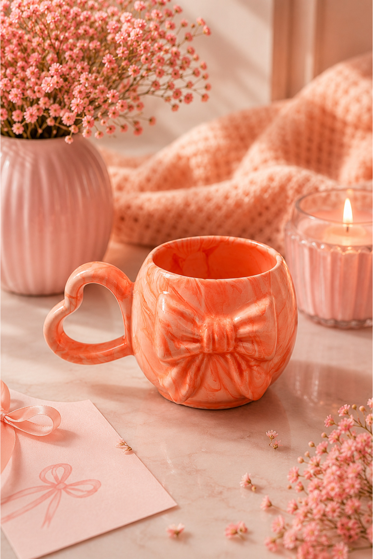 Heart Handle 3D BOW ORANGE EBRULI PATTERNED All Handmade Ceramic Mug