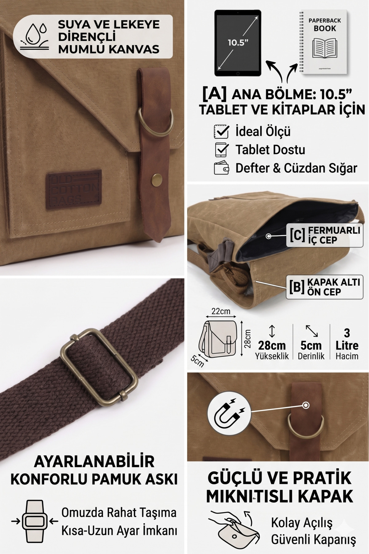 Old Cotton Mumlu Kanvas Erkek Postacı Çantası Günlük Tablet Omuz Çantası 22x28 cm görsel 2