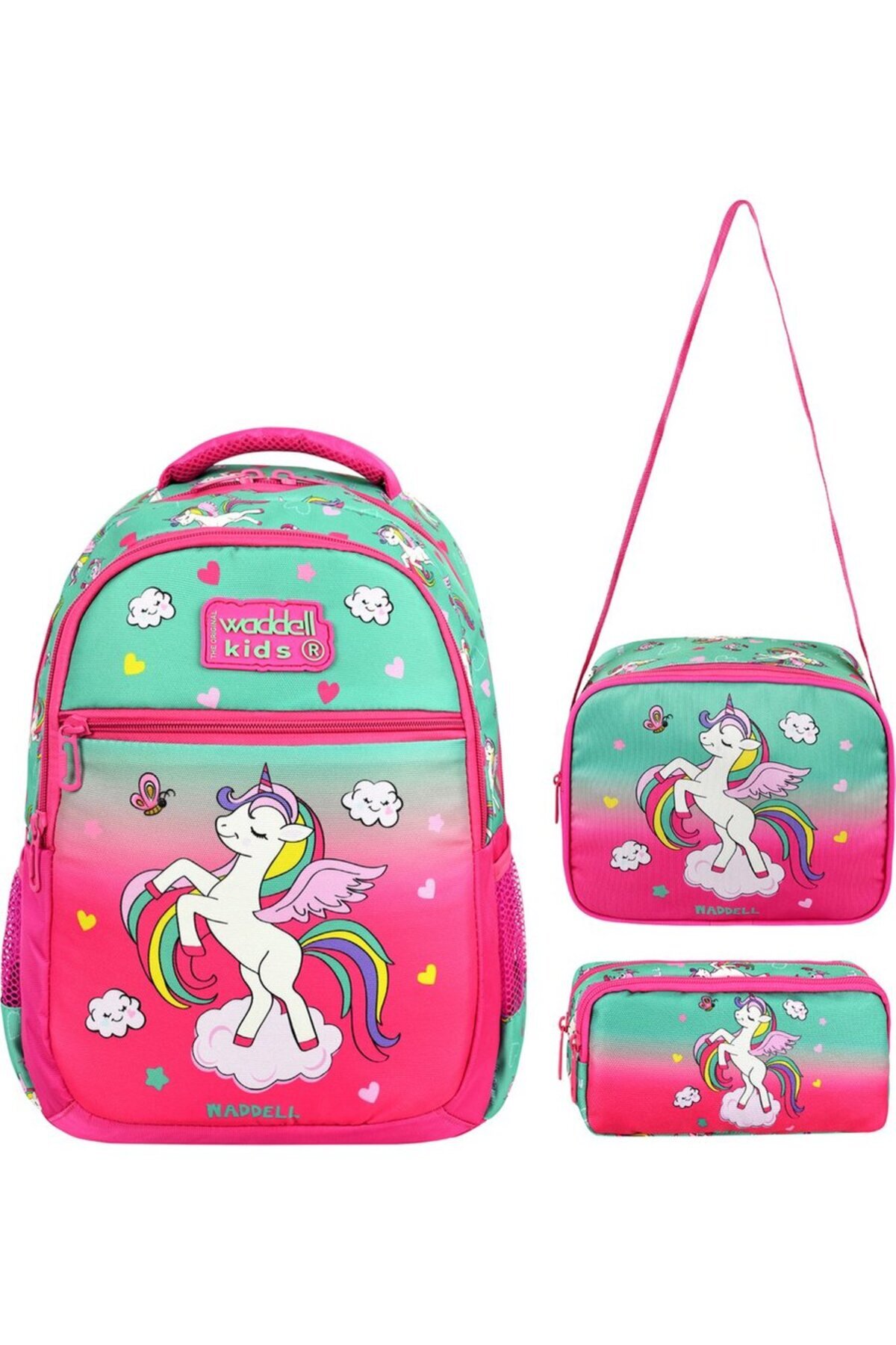 Licensed Fuchsia Unicorn Pattern Primary School Bag Lunch Bag and Pen Holder