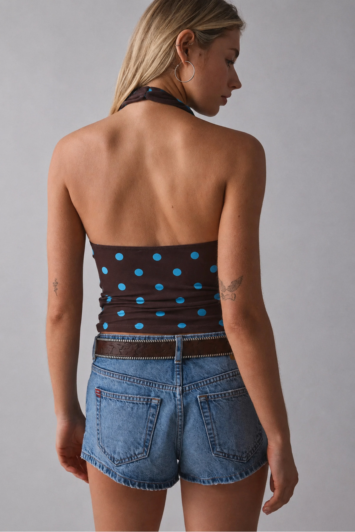 World Fashion Trends  KAHVE/MAVİ PUANTİYELİ Degaje Yaka Crop Top Body - Görsel 3