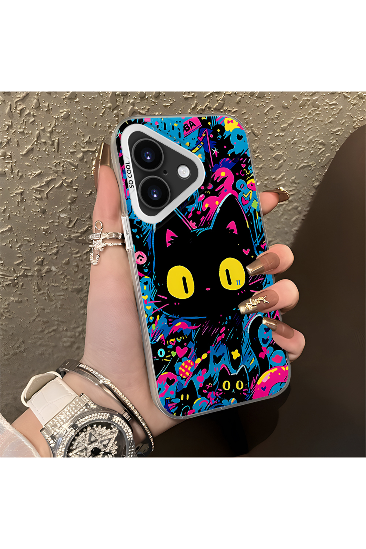 iPhone 16 Compatible Silicone Edge Hard Back Case Couple Phone Case with Cat Pattern