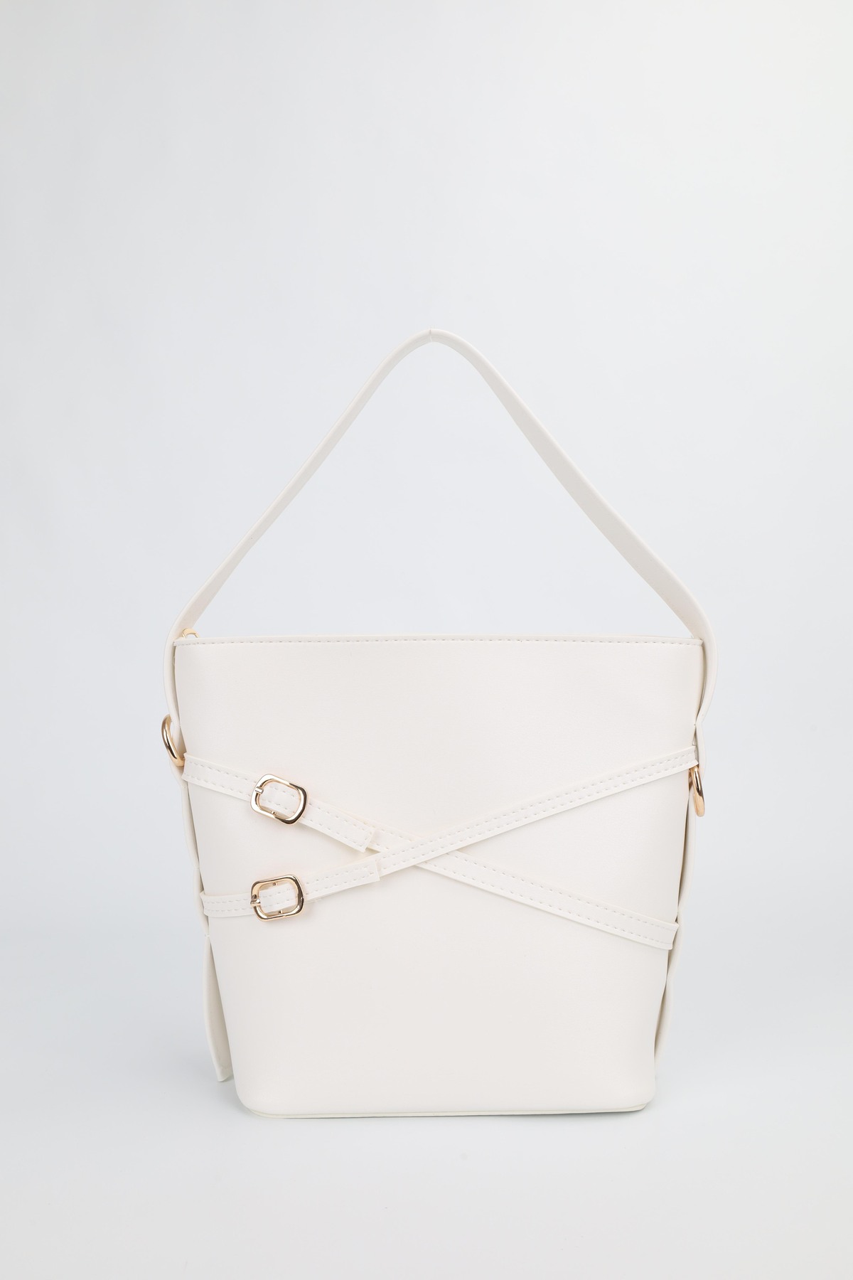 Women's White Double Belt Detailed Bucket Model Hand Shoulder Crossbody Bag Belle