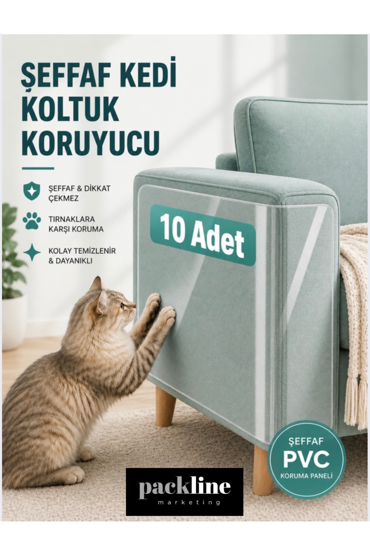 Packline Marketing 10 ADET Kedi Koltuk Tırmalama Koruyucu Şeffaf Yapışkanlı Mobilya Tırmalama Önleyici Bandı 20x50 Cm