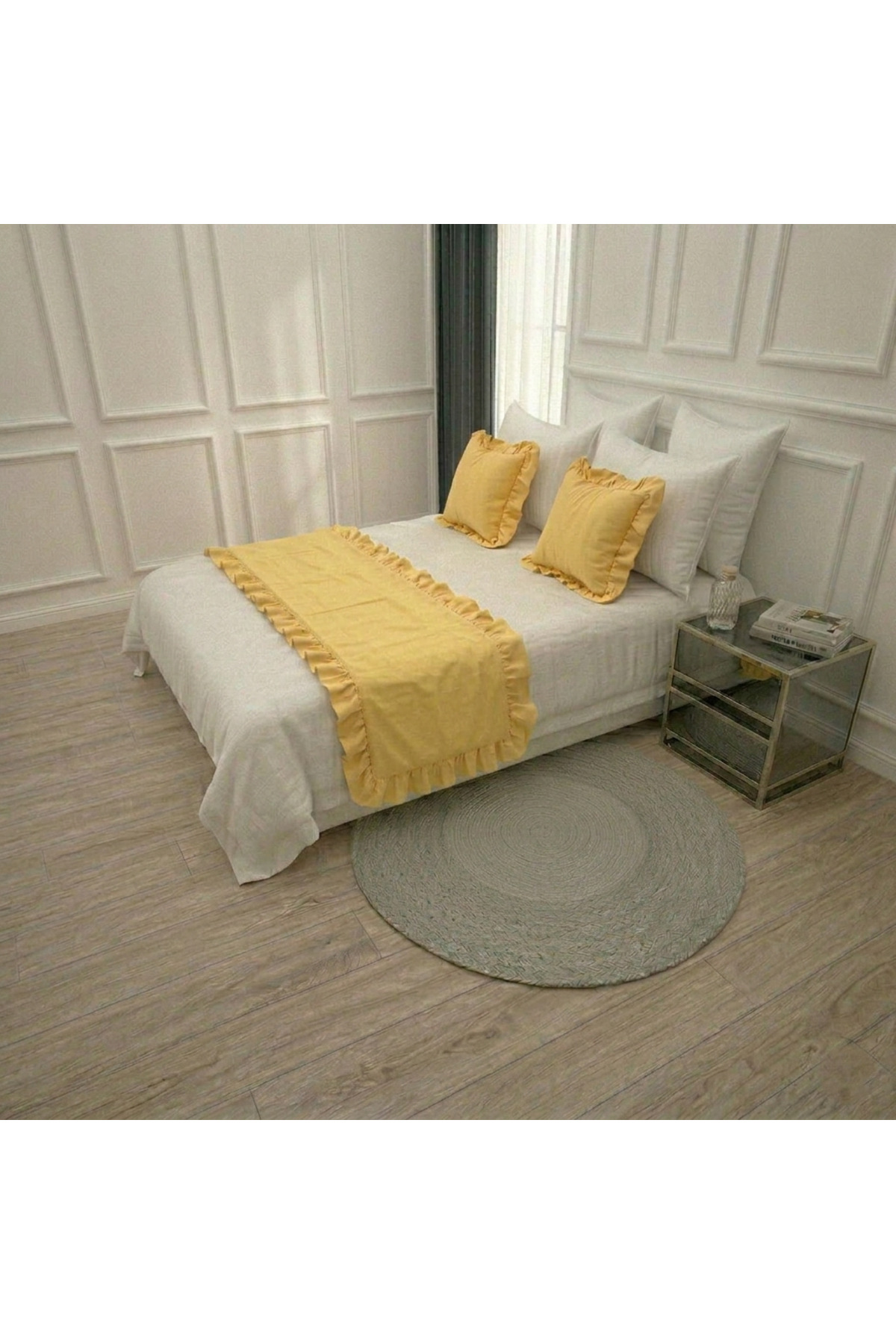 Frilly Bed Runner (70x250 cm) and 2 Decorative Pillow Covers (43x43 cm) Set