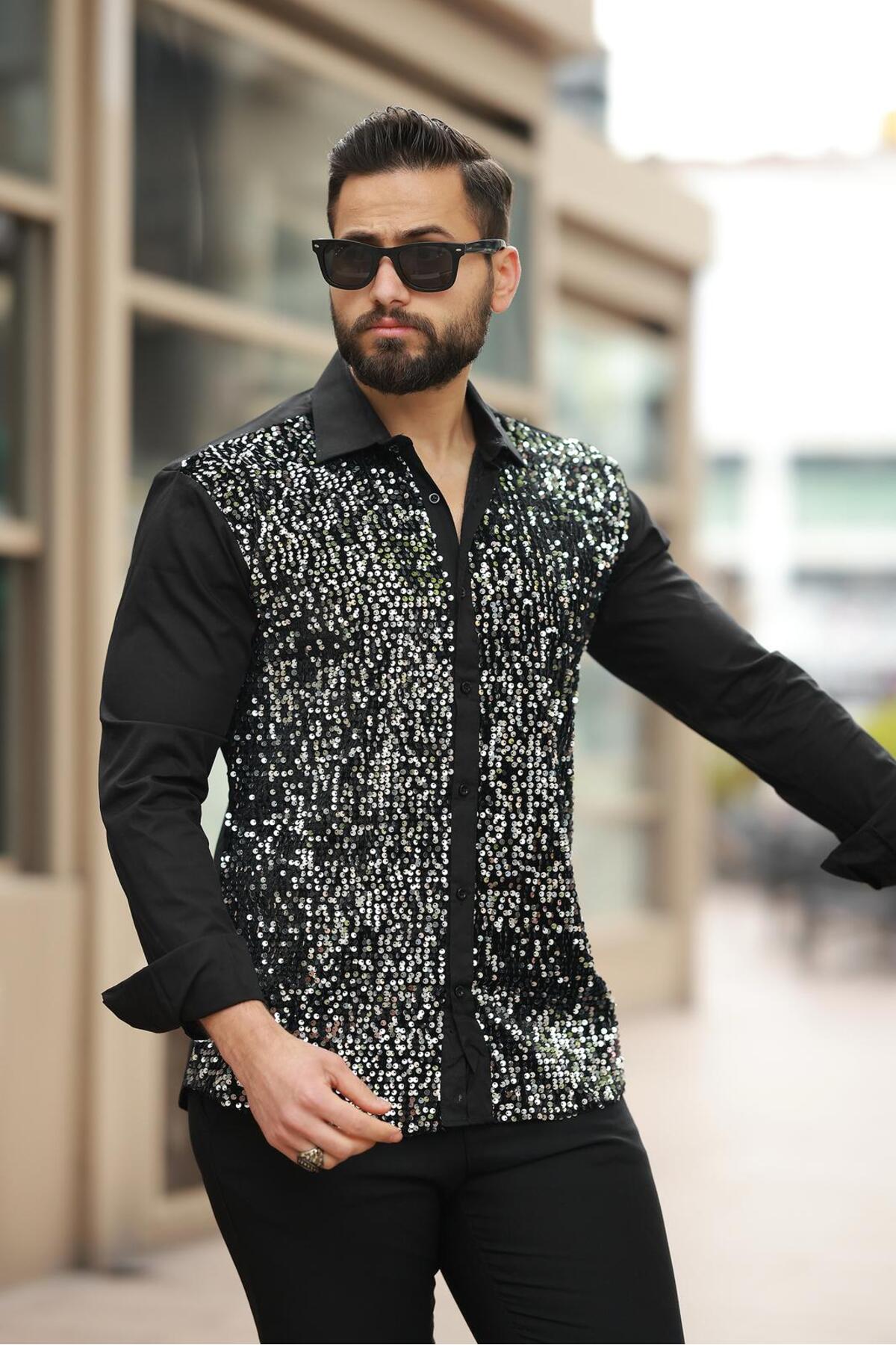 Erkek Payet Detaylı Slim Fit Siyah Uzun Kollu Sahne ve Gece Gömleği — سفید BAYIM PAYET DETAYLI — تصویر 5 از 5