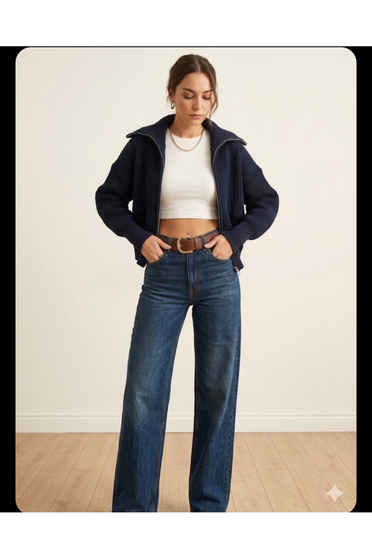İLMERA Kadın Lacivert Fermuarlı Devrik Yaka Triko Hırka Oversize Crop Örgü Ceket