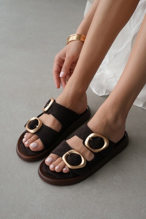 selin shoes Arlena Ayarlanabilir Çift Gold Toka Detaylı Kadın Terlik- KAHVE SÜET