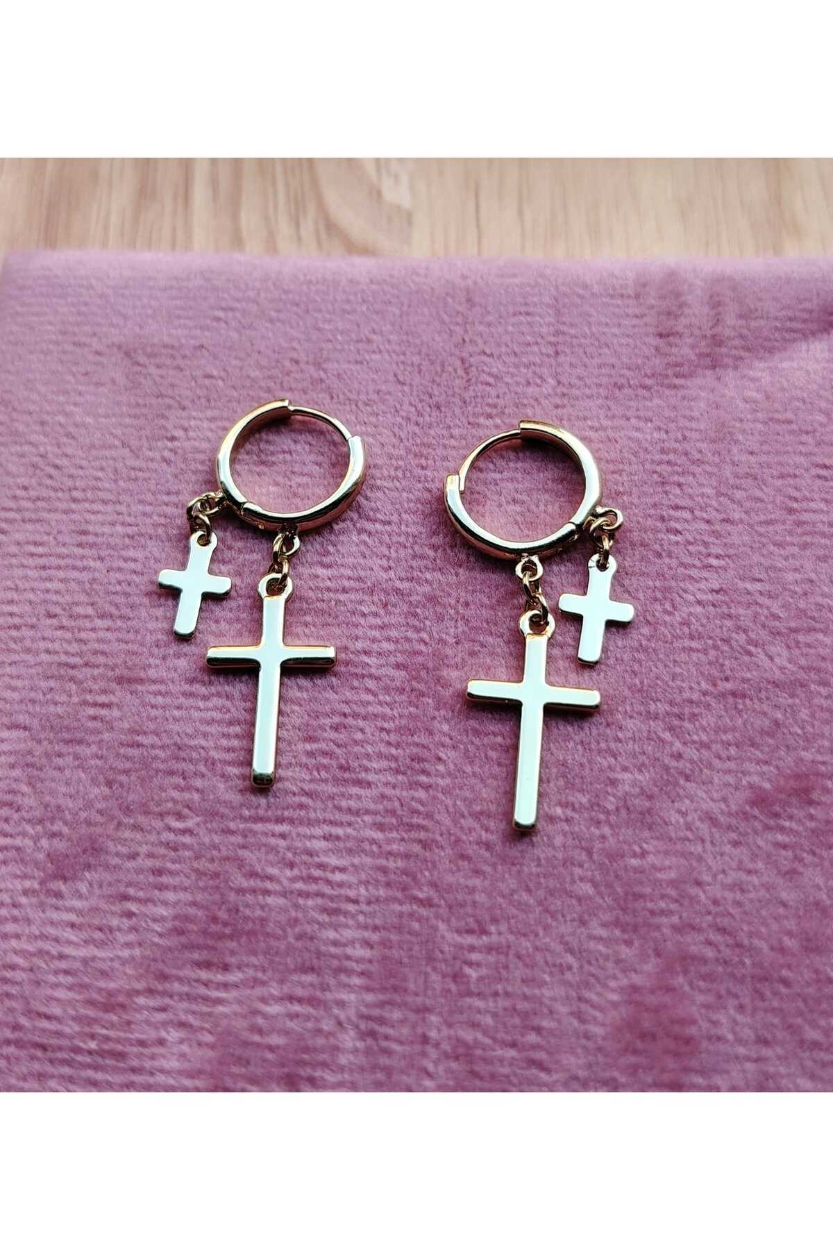 NN FORY CROSS EARRINGS, 3 CM LENGTH, 14 k gold plated stainless
