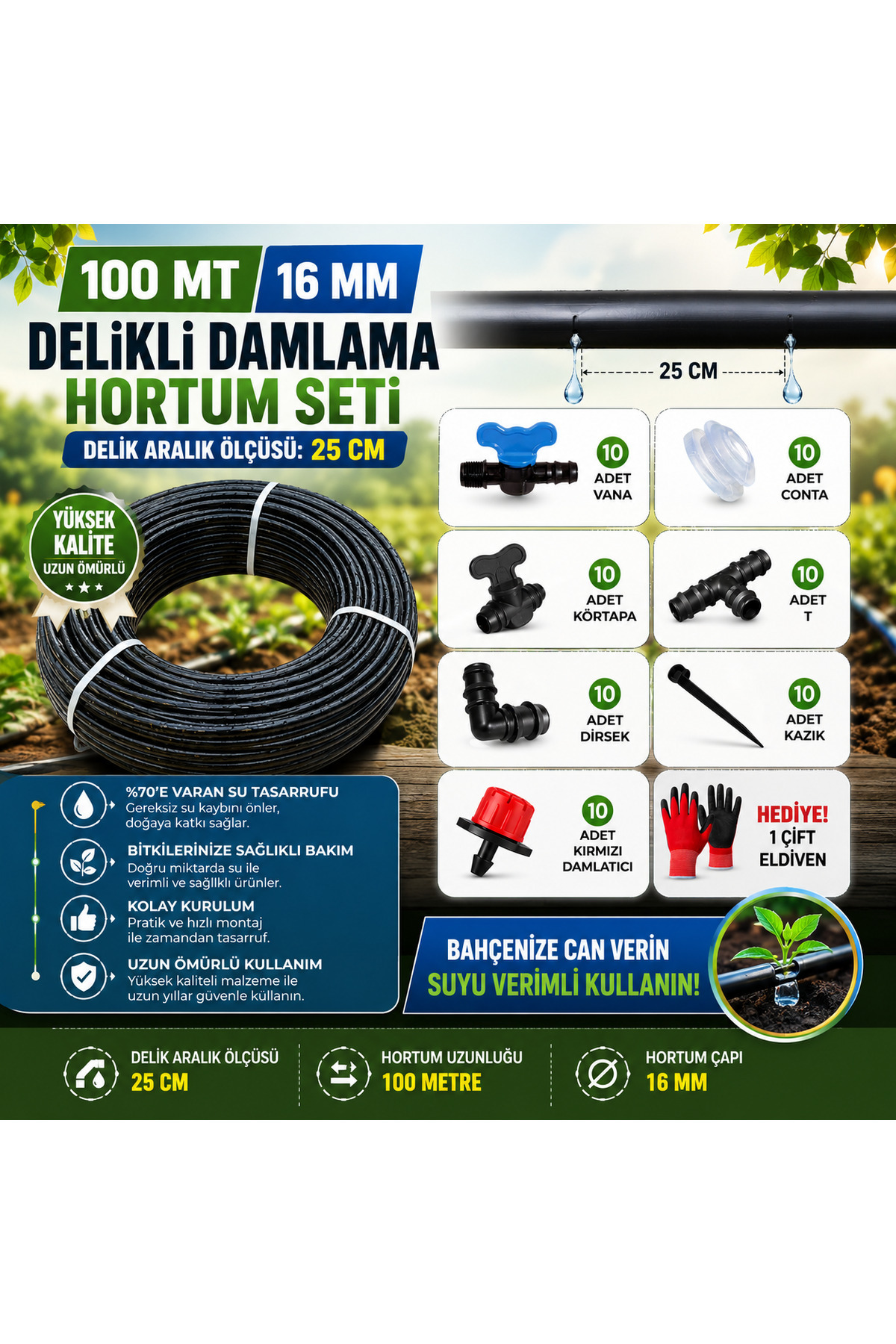 Sertsan Delikli 16 mm Damlama Hortum Seti 100 MT 25 cm Aralıklı