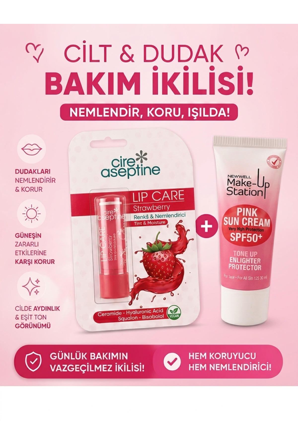 Strawberry Lip Care + Newwell Pink Sun Cream 30 ml SPF50+ İkili Set Dudak Bakımı ve Güneş Koruyucu — güneş kremi