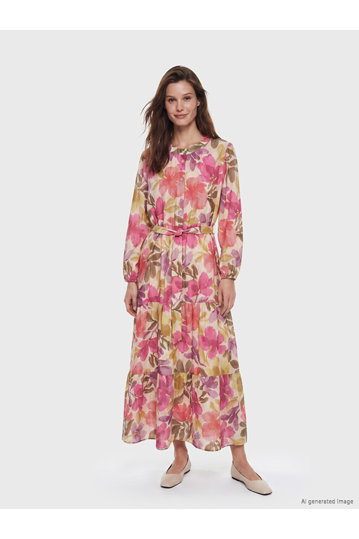 LC Waikiki Lcw Modest Pink High Neck Floral Belted Layered Dress
