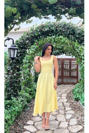Moda Banuş Kalın Askılı Volanlı - Arkası Bağcıklı Sarı Elbise 3938