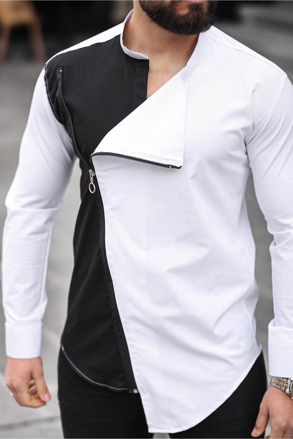 Çift Renk Asimetrik Fermuarlı Erkek Slim Fit Gömlek — سفید BAYIM ÇİFT RENK ASİMETİK FERMUARLI — تصویر 5 از 5