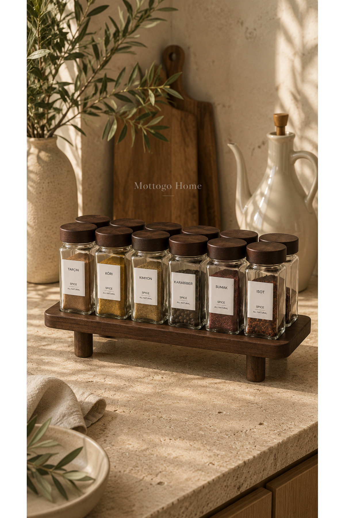 Mottogo Acacia Lid Glass Spice Jar Set, 12-Piece Spice Set with Wooden Stand 120 ml – 16 Labels as a Gift