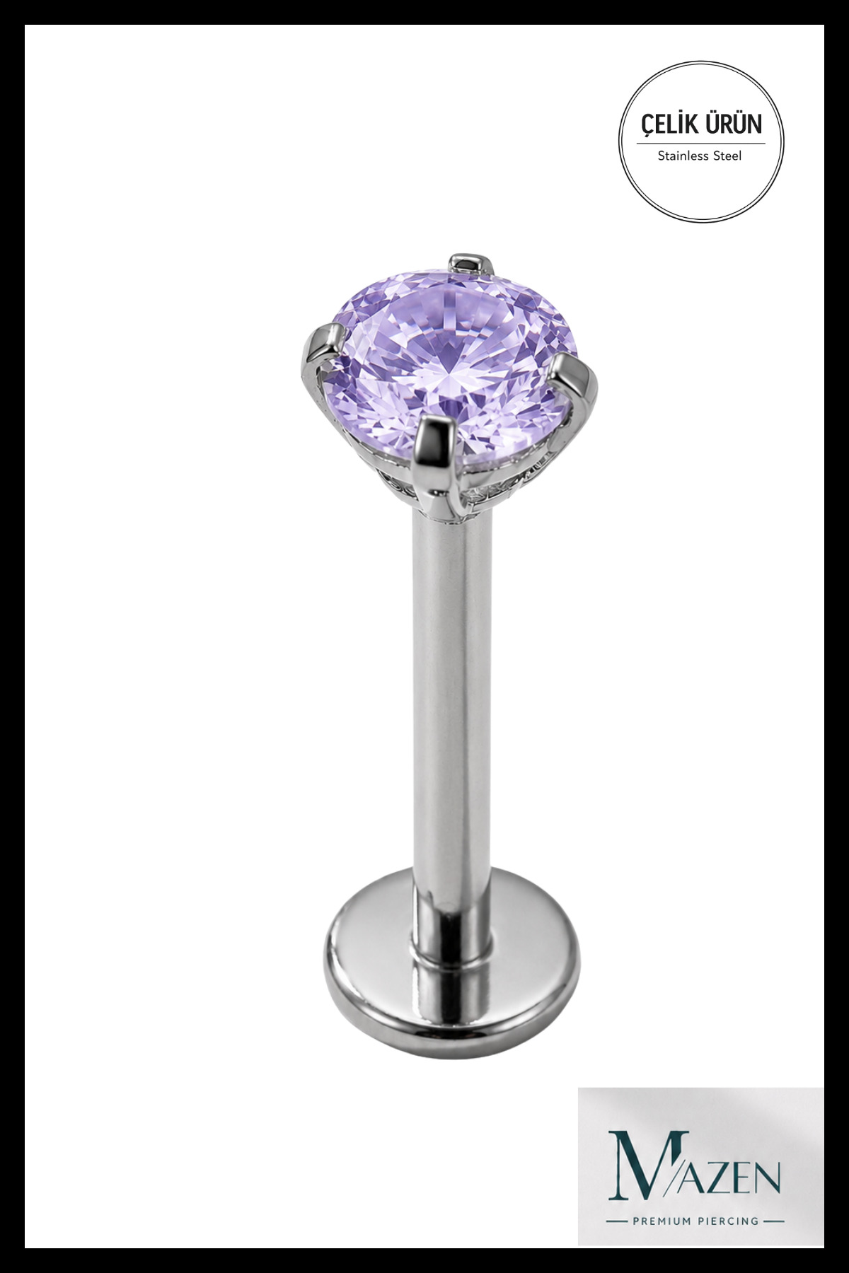 3 mm Lilac Stone, 6 mm Short Bar, Surgical Steel Piercing Tragus Helix Labret Silver Color