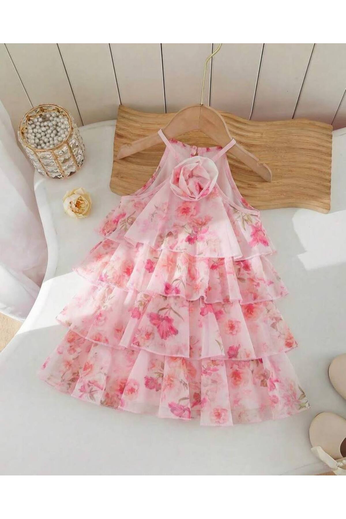 CerenButik Kız Çocuk Tül Astarlı Desenli Elbise