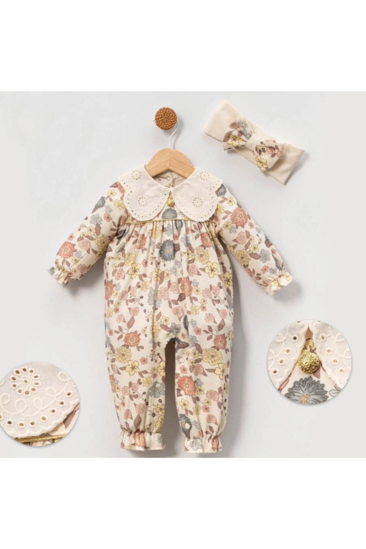 BabyWings Floral Printed Scalloped Collar Baby Girl Jumpsuit