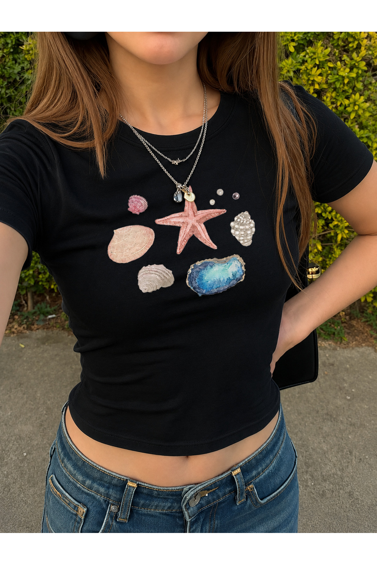 Women's Marine Style Printed Crew Neck Narrow Crop T-Shirt