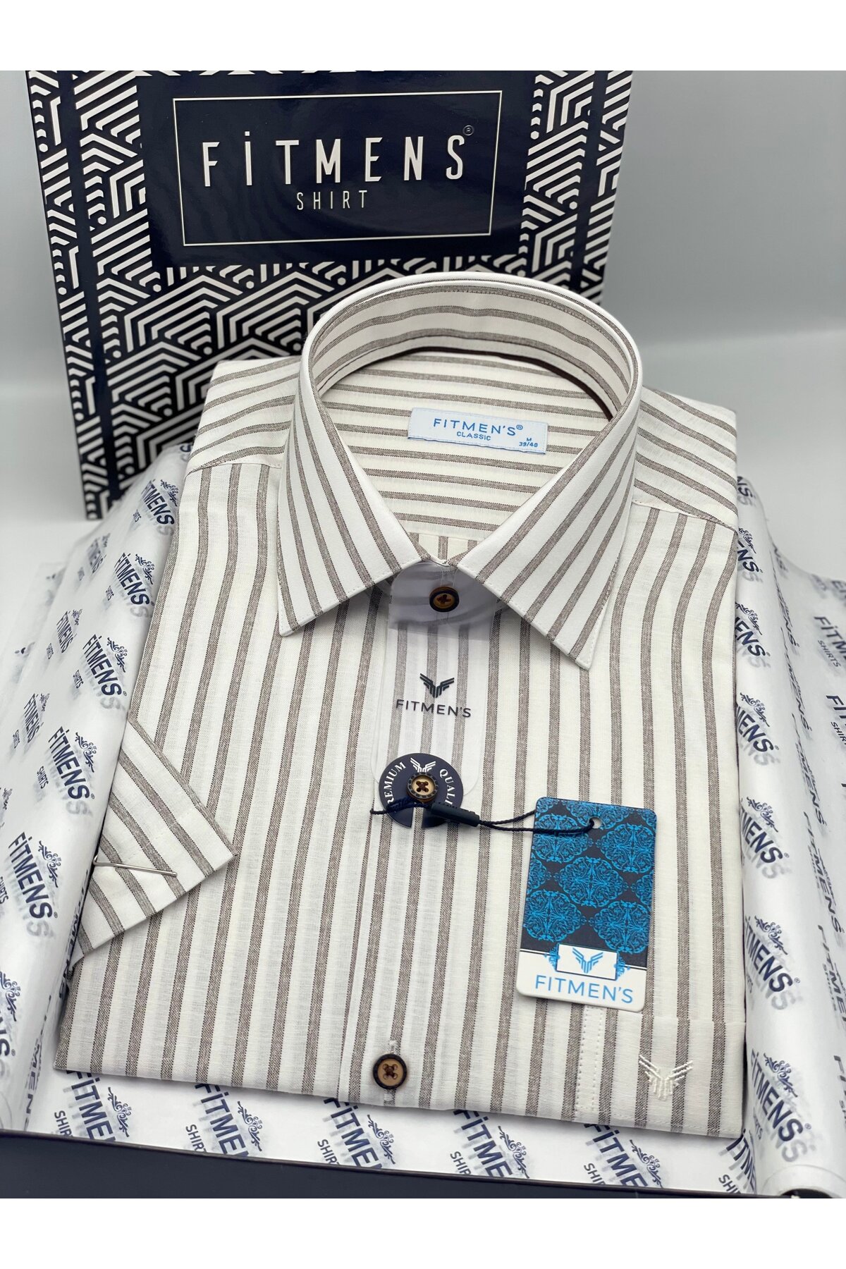پیراهن مردانه کلاسیک آستین کوتاه کتانی نخی تنفس‌پذیر با جعبه هدیه FS-004571 - قهوه‌ای  پیراهن Fitmens