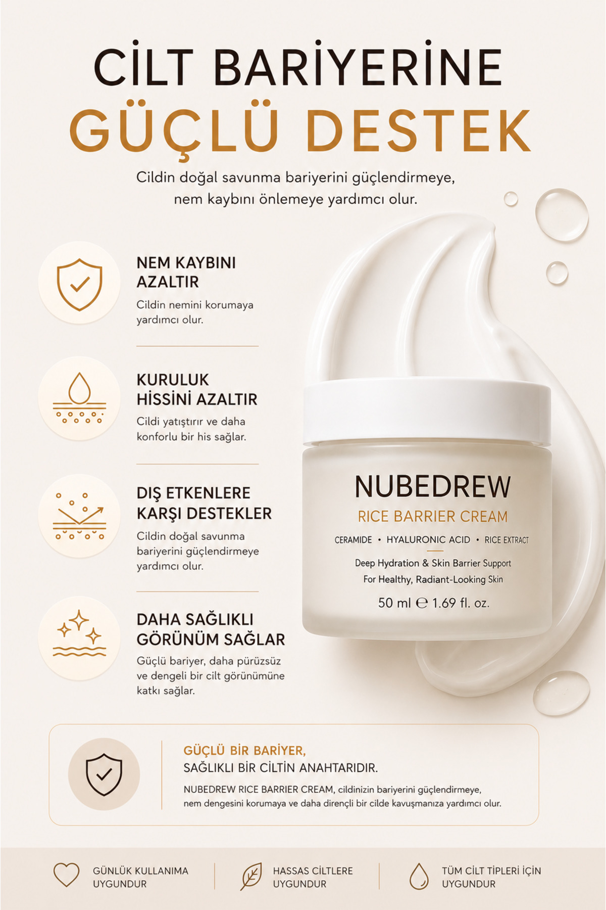Ceramide Nemlendirici Yüz Kremi 50 ML Cilt Bariyeri Güçlendirici Hyaluronic Acid ve Pirinç Özlü Bakım Kremi — crnekr-nbd — تصویر 3 از 8
