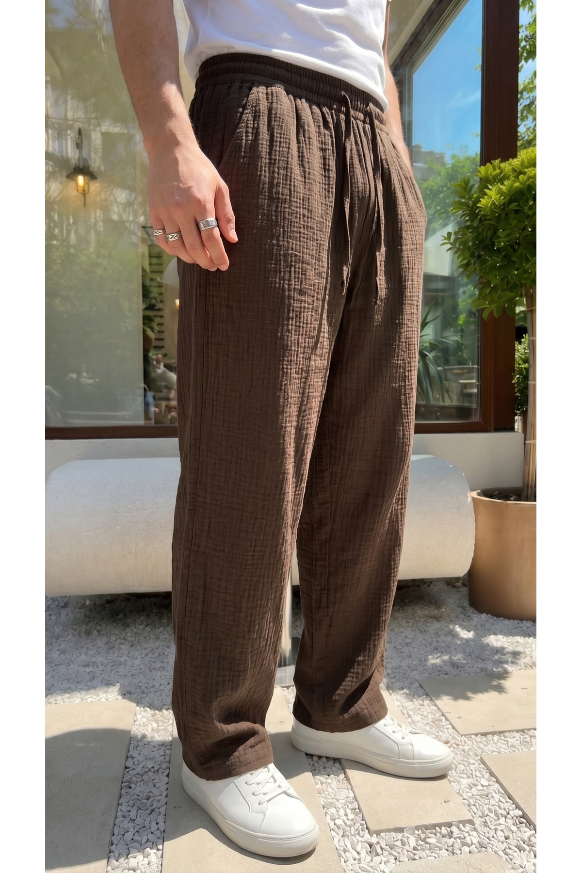 Balve 100% Cotton Baggy Muslin Fabric Men's Pants Lace-up Elastic Waist Summer Pants