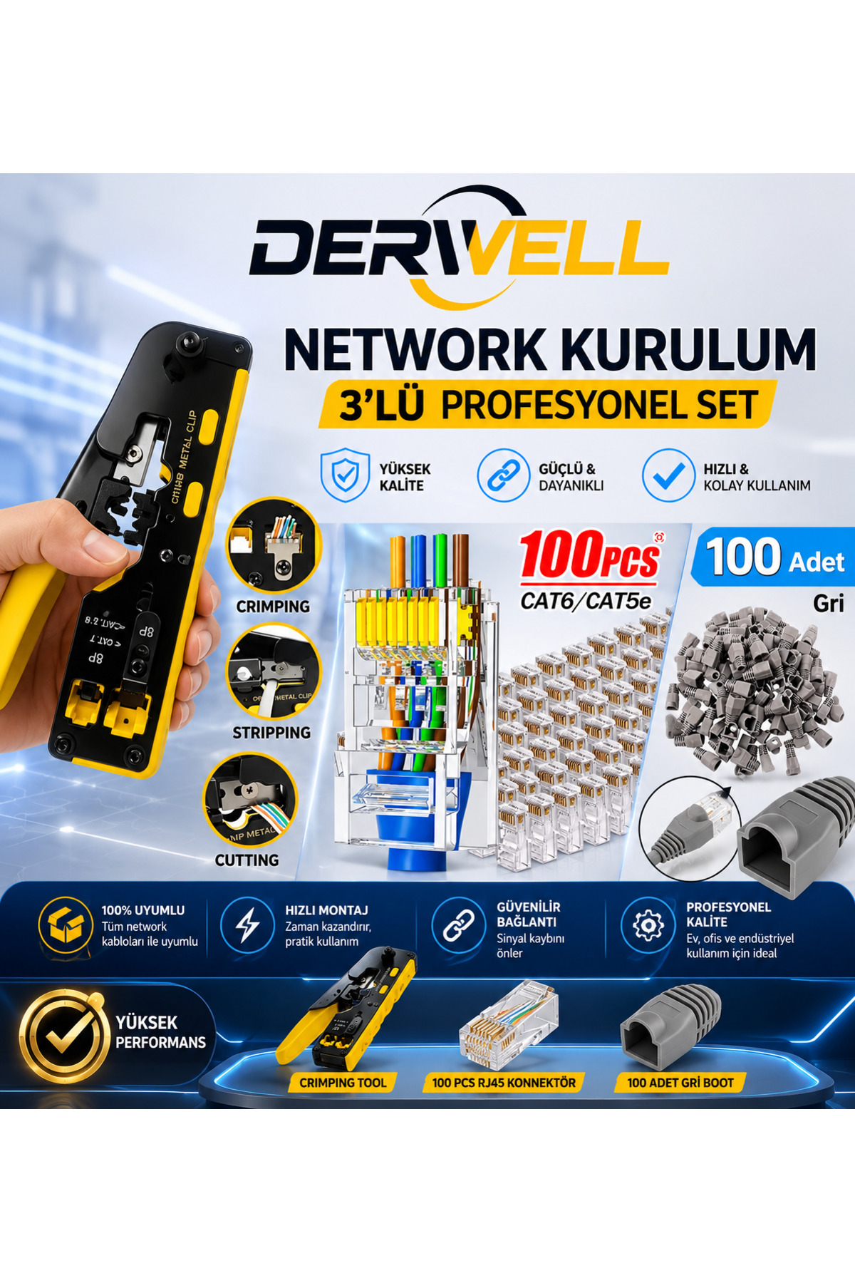 3'LÜ Profesyonel Ethernet Kurulum Seti RJ45 Kablo Sıkma Pensesi 100 Adet CAT6 CAT5e Uyumlu Konnektör Fiş Jack ve 100 Adet Koruyucu Gri Boot Kılıf Teknoloji Ağ Kurulumu Tamir Çantası Set