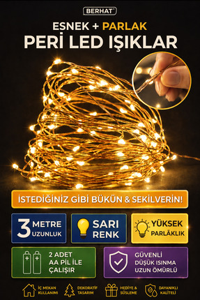 BERHAT Peri Led 3Metre Sarı Renk Pilli-Dekoratif Aydınlatma