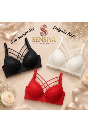 sensiva lingerie Sütyen Dolgulu Çapraz İpli Konforlu Esnek Şık Görünüm 3'lü p...