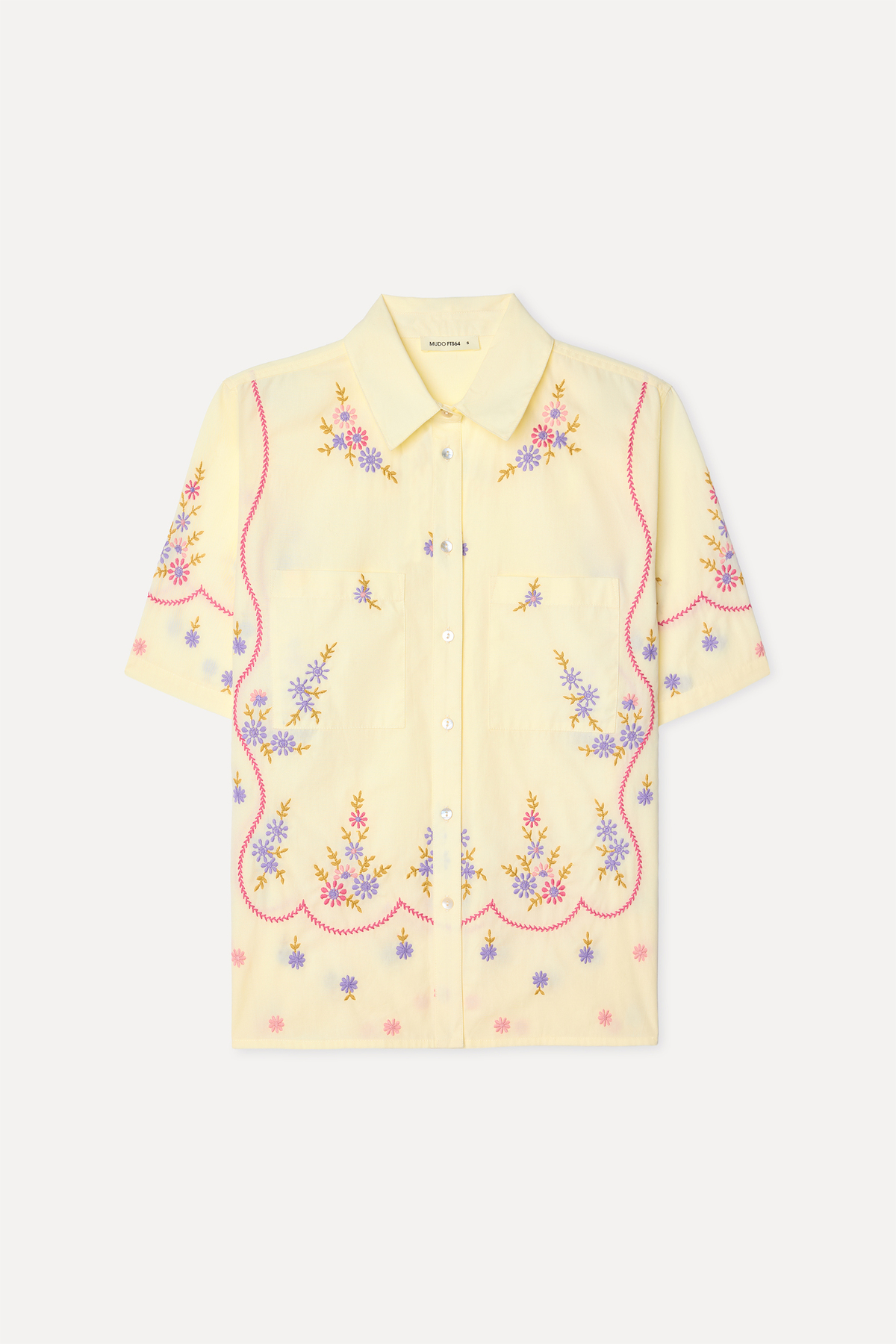 Mudo Women's Yellow Floral Embroidered Short Sleeve Shirt