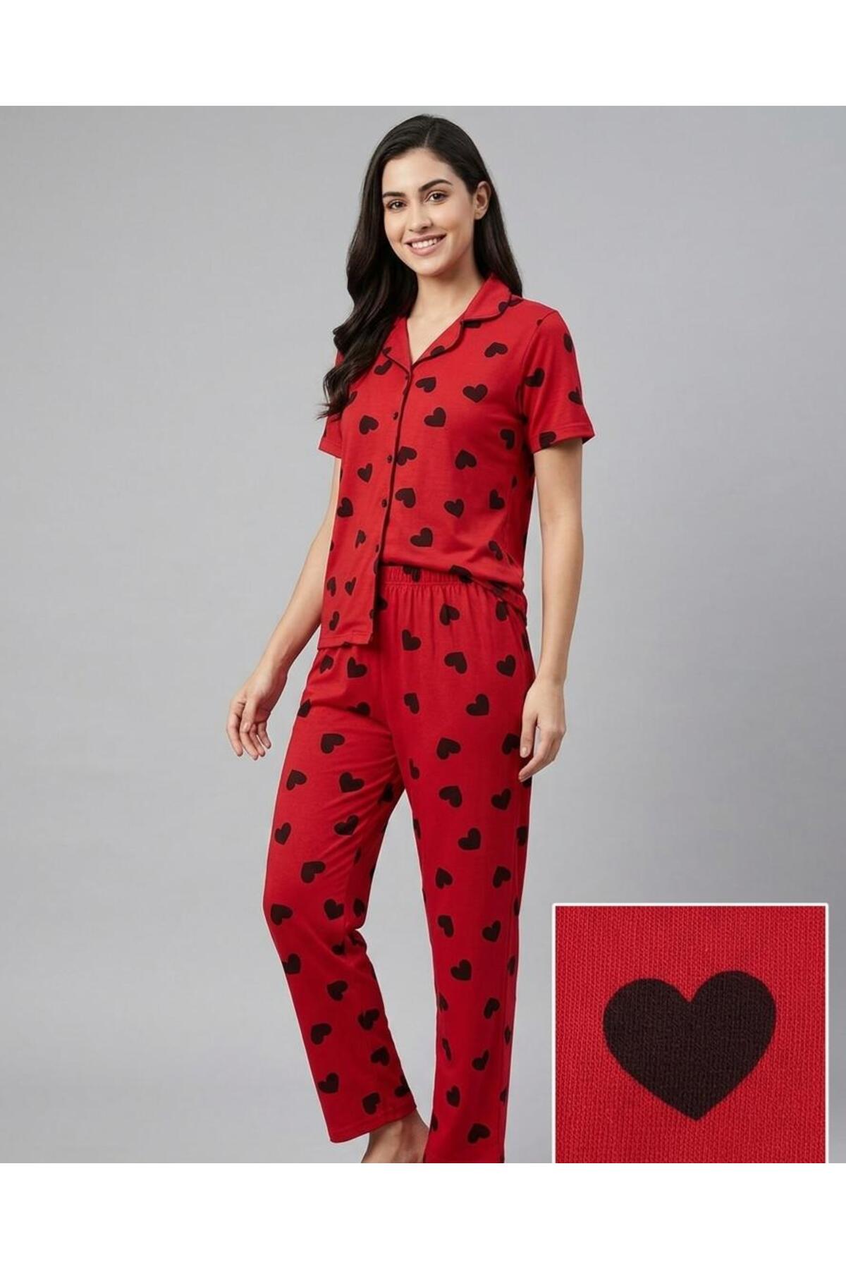 FAMES PİJAMA Summer Buttoned Short Sleeve Red Big Heart Pajama Set