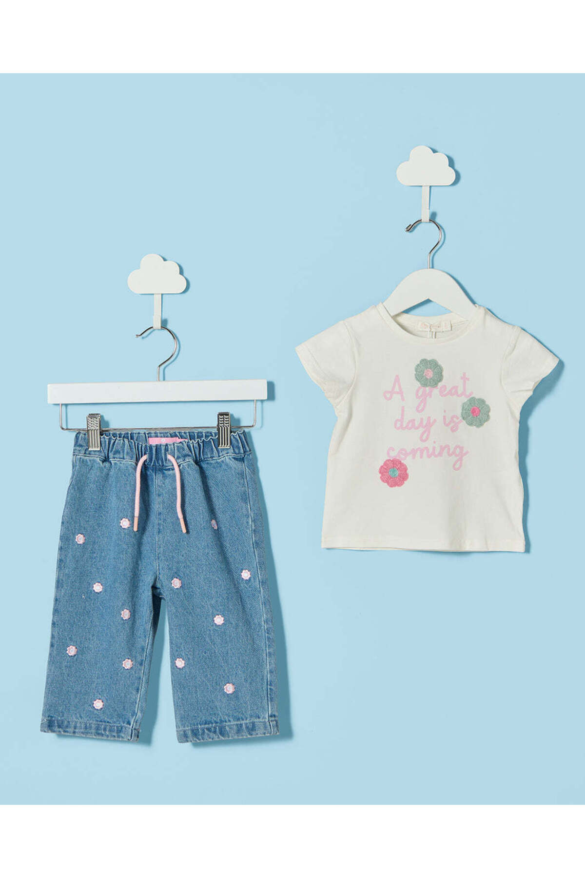 REDTAG Infant Girls White And Blue Embellished 2 Piece Set