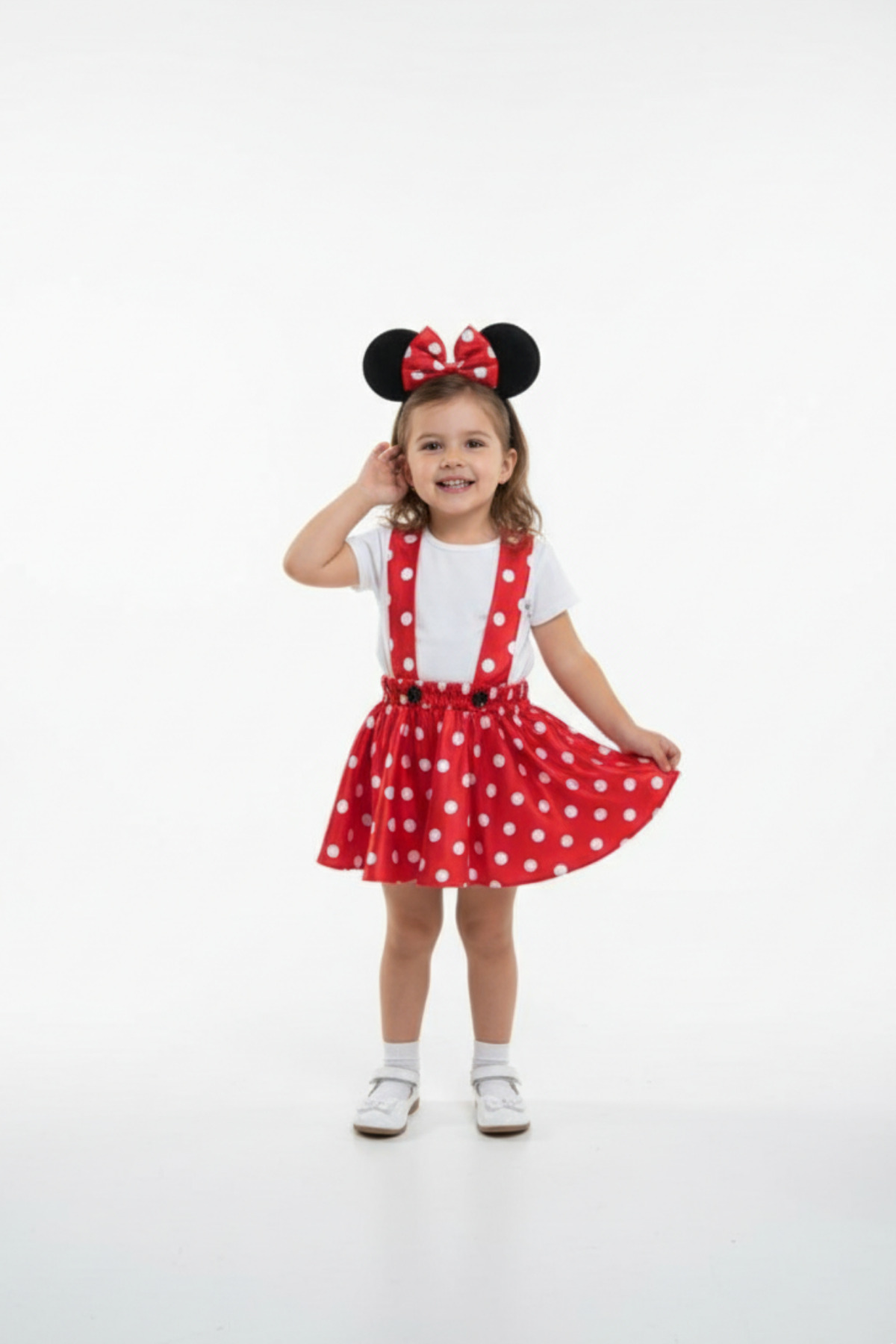CutieCase Kız Çocuk Kırmızı Puantiyeli Kloş Minnie Mouse Günlük Elbise & Taç Takımı