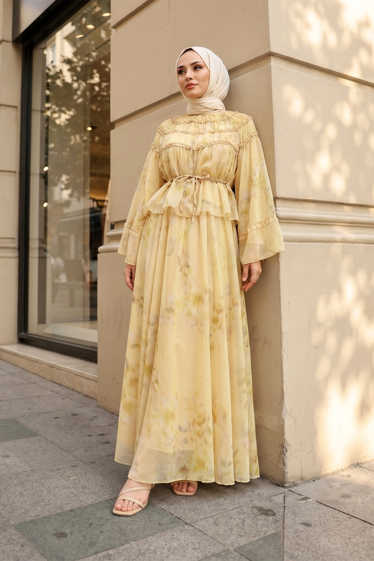 MODAQU Wide Sleeve Top with Gipeli Pattern and Lined Chiffon Skirt - Olive Green