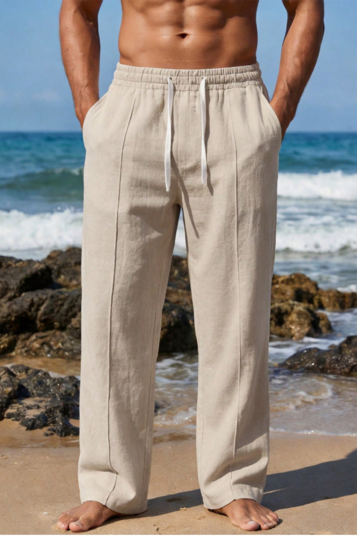 Tarz Cool Men's 100% Linen Comfortable Fit Elastic Waist Summer Linen Trousers with Pockets Daily Casual Beach Pants
