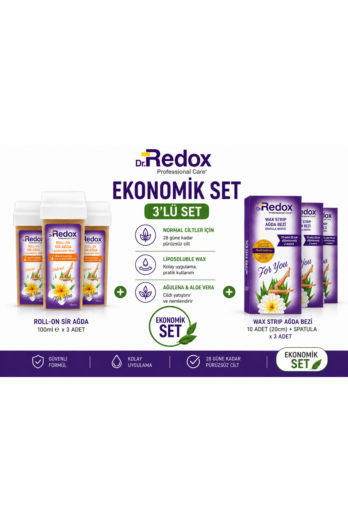 DR REDOX Dr. Redox Professional Care Roll-On Sir Ağda Natural 3'lü Ekonomik Set | 3 x 100 ml Ağda Kartuşu + 3 Paket Wax Strip Ağda Bezi + Spatula — redoxagdaset-24