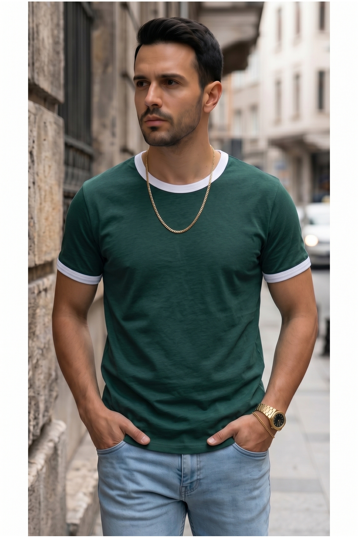 Teenage Millionaire Erkek Nefti Yeşil Renkli Tişört Bisiklet Yaka Kol Garnili Regular T-shirt görsel 4