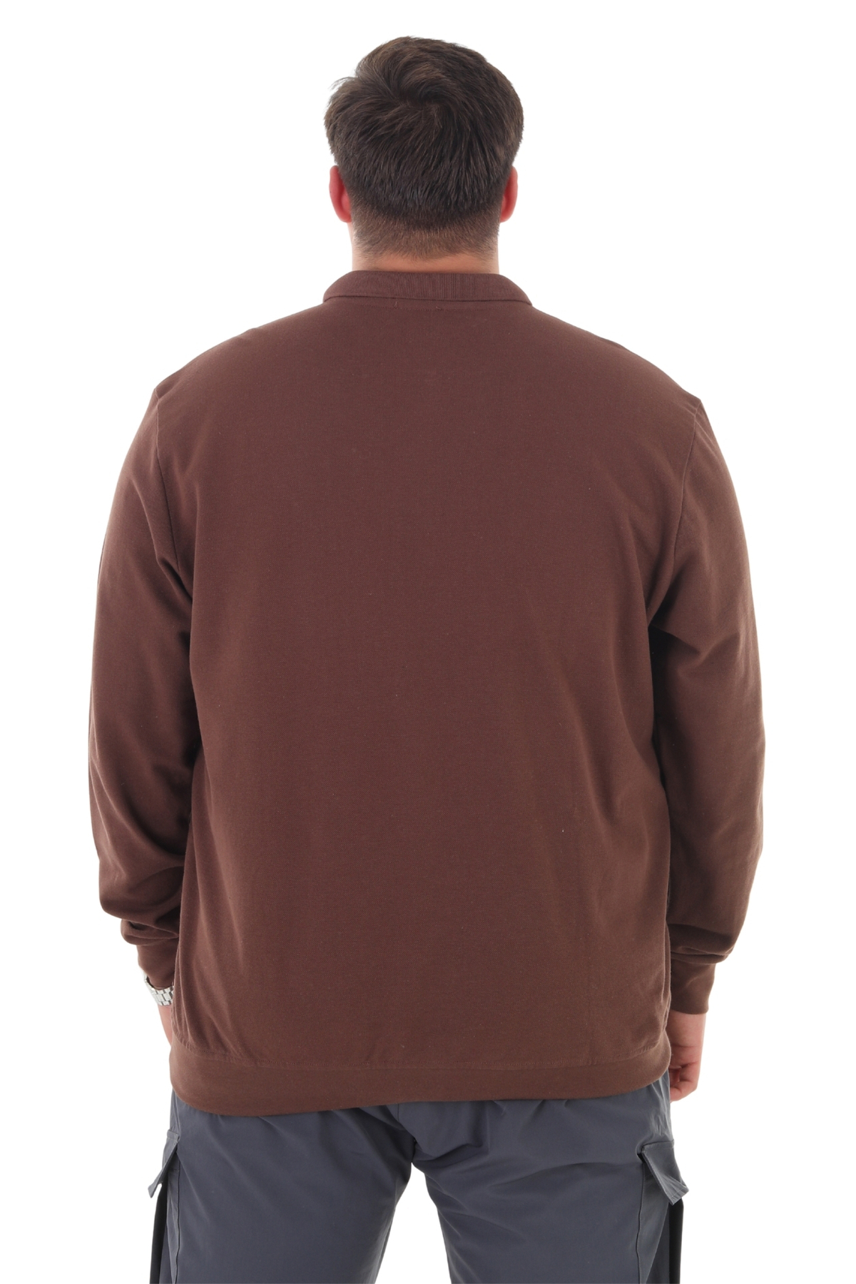 marufshop Erkek Büyük Beden 115-155 Kilo Arası İçin Uygun Uzun Kol Polo Yaka Mevsimlik Sweatshirt Kahverengi görsel 3