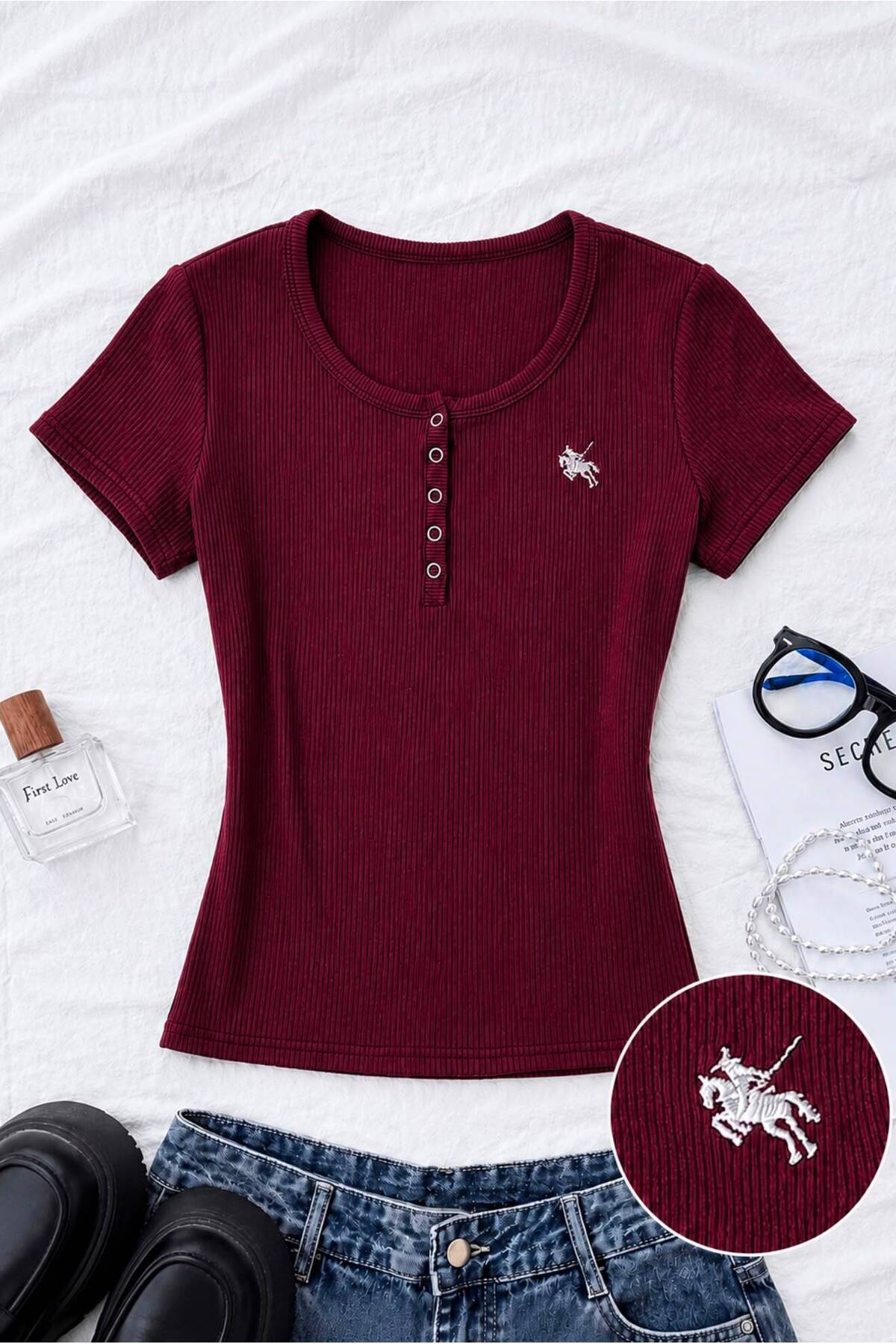 Soul Button Neck Embroidered Shirred Blouse