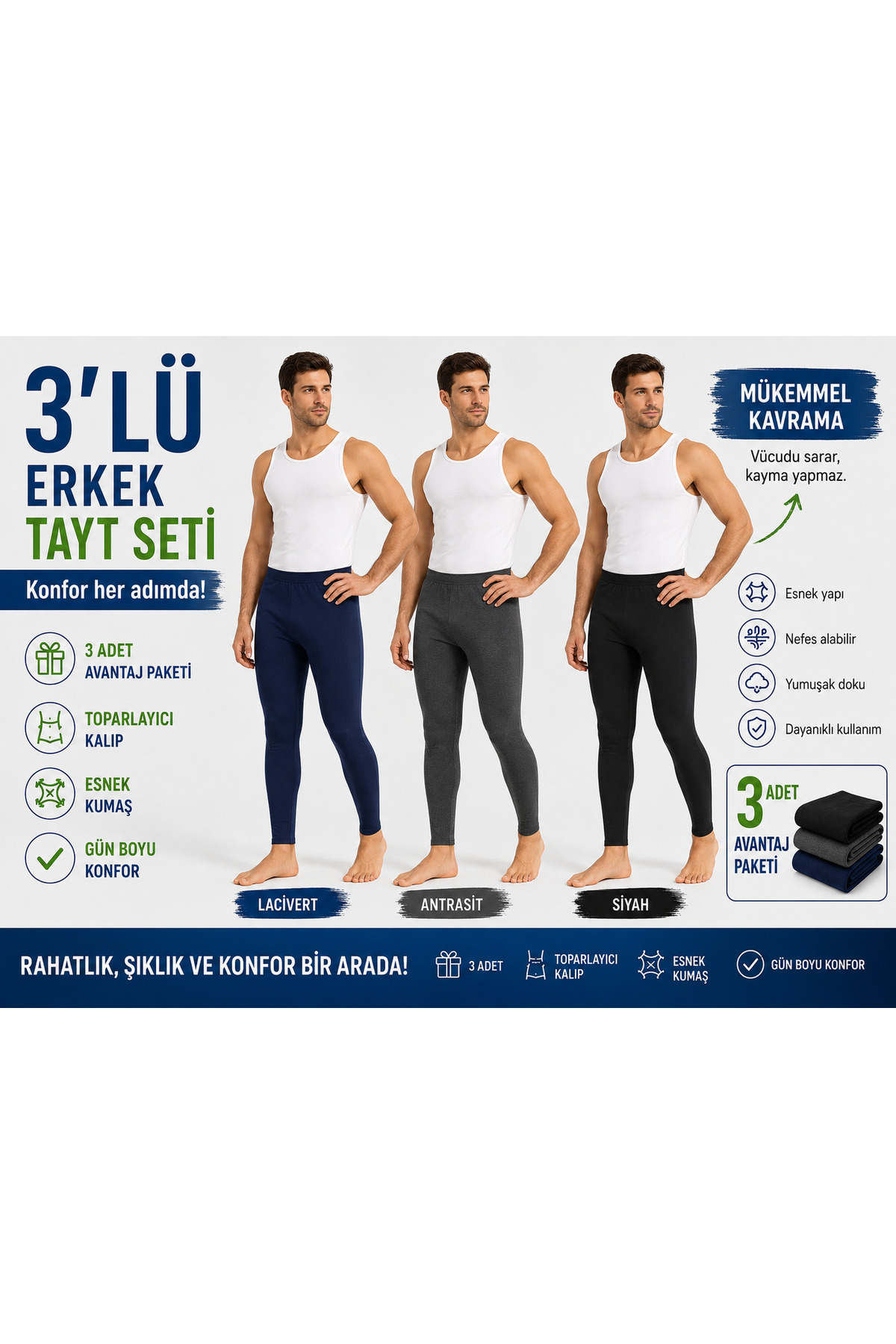 Isıl Termal | Erkek Termal Tayt 3 'lü İçleri Pamuklu Set ANTRASİT ,SİYAH ,LACİVERT ( 3 ADET ) görsel 8