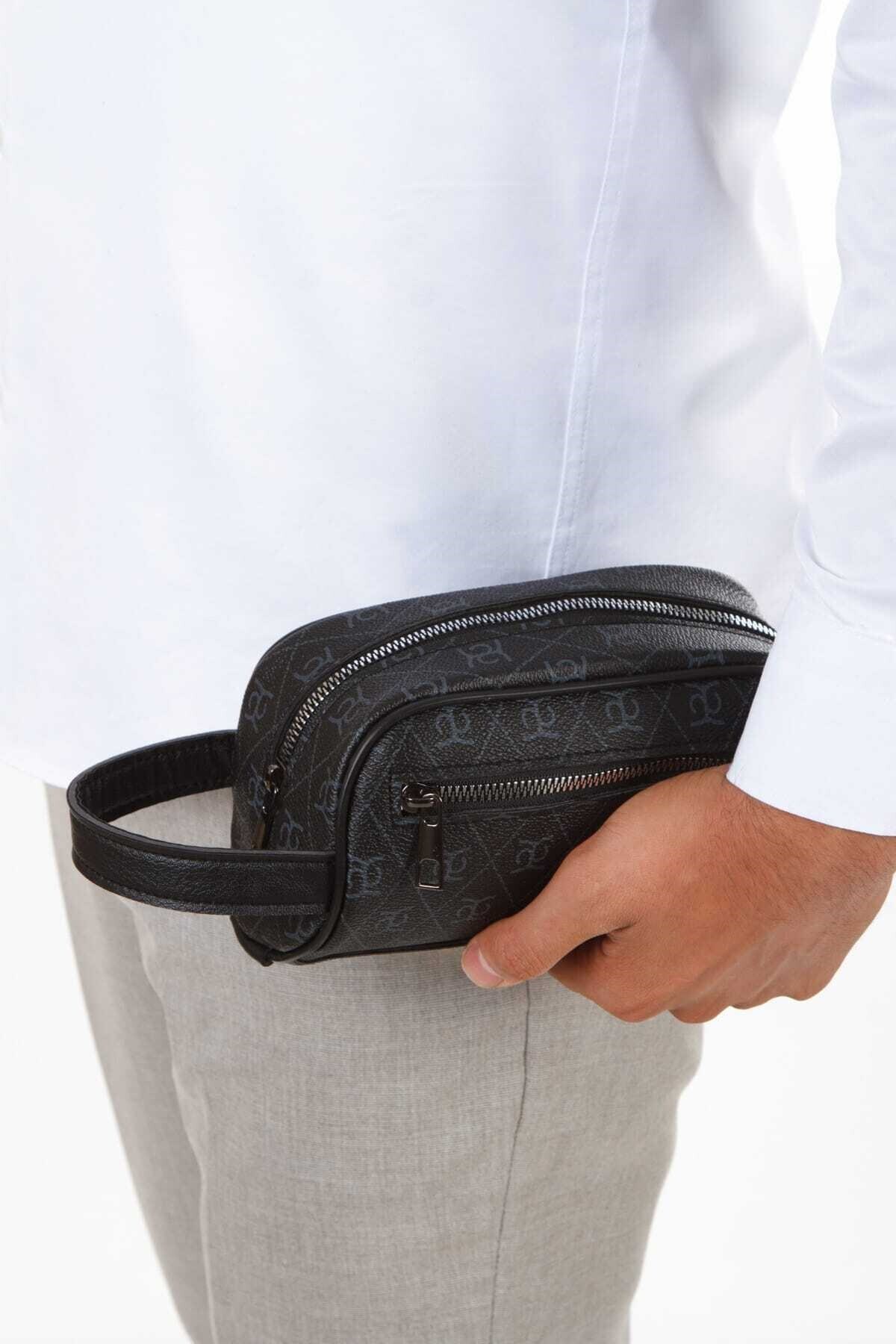VIATOX NP- 2213 Mini Erkek Vegan Deri Portföy Clutch Traş Kozmetik Bakım ve Günlük El Çantası BASKILI SİYAH görsel 2
