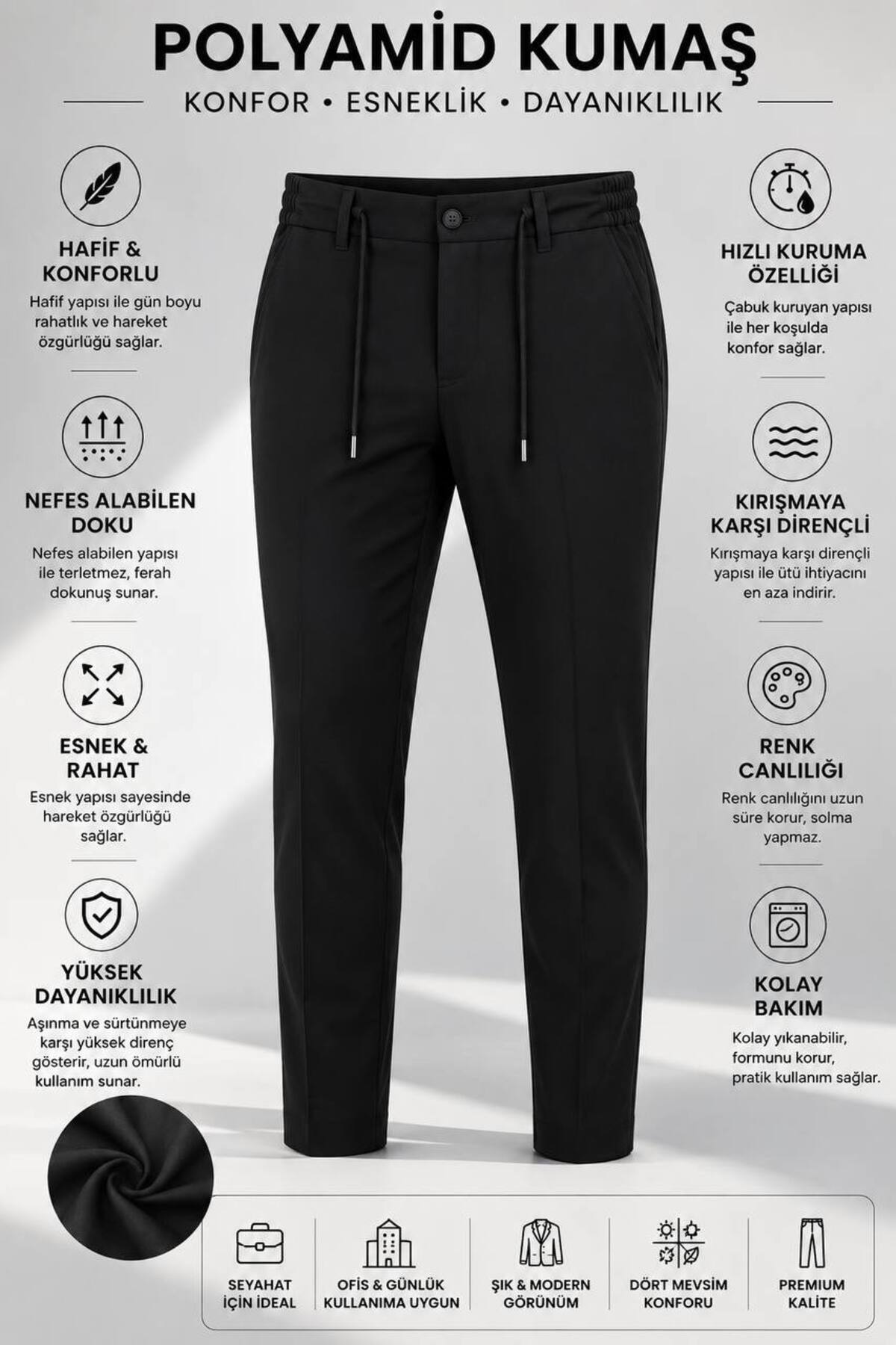 Erkek Comfort Fit Premium Poliamid Kumaş Jogger Siyah Pantolon - 252DNGR — مشکی 0252DNGR — تصویر 6 از 9