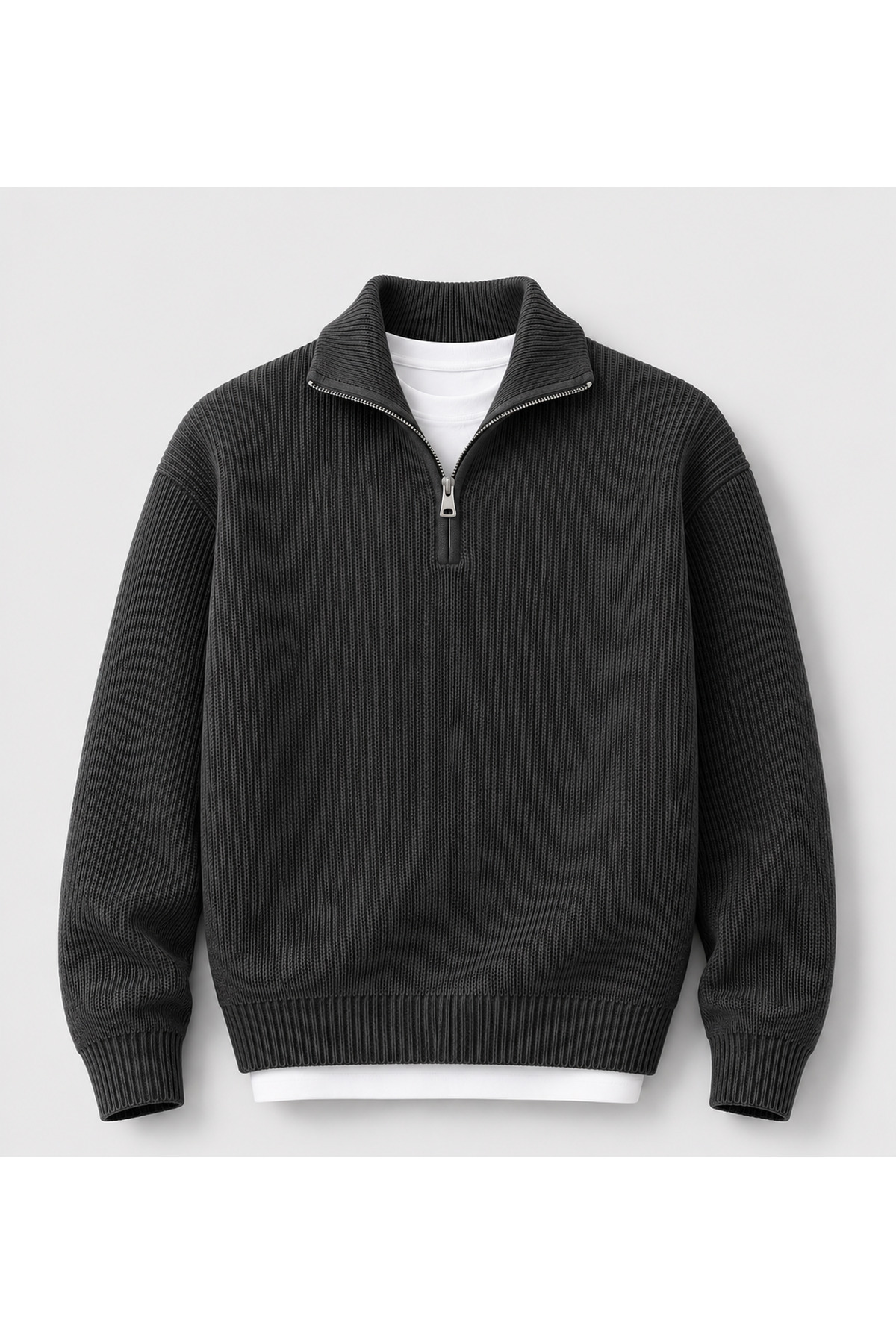 threeoff Erkek Selanik Örme Yarım Fermuarlı Triko Kazak Dik Yaka Kışlık Kalın Dokulu Modern Fit Premium