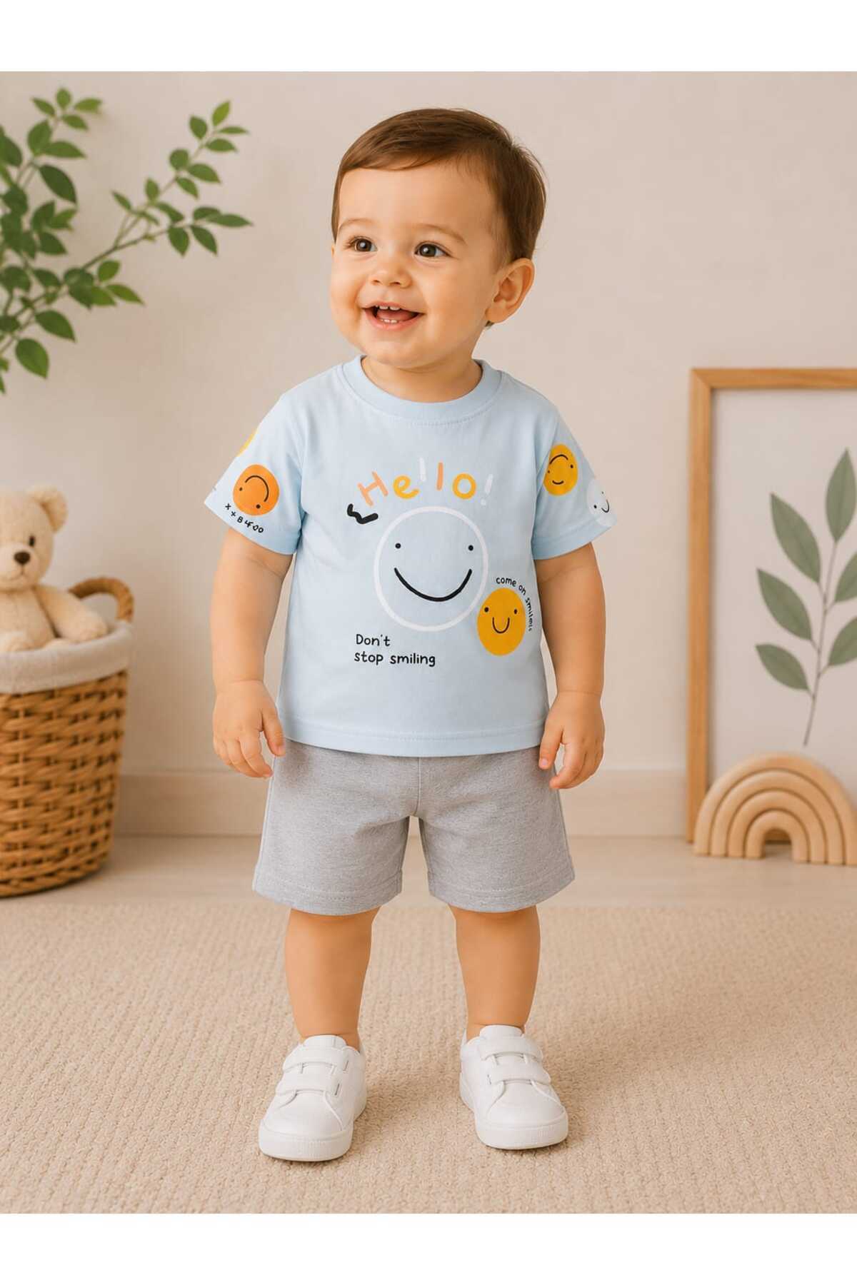 krm kerem bebe Hello Come on Smile Printed 100% Cotton Combed Cotton Summer Unisex Baby Set