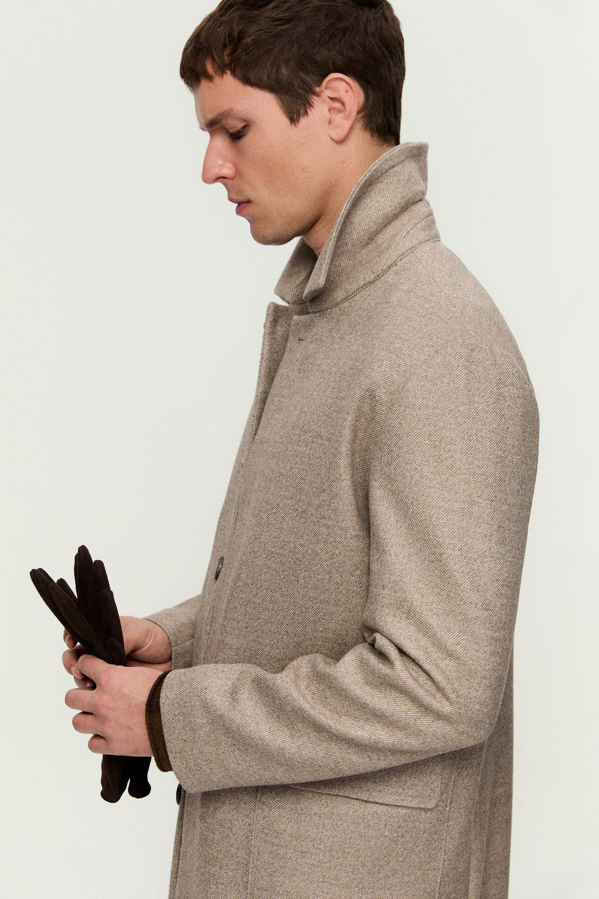 Damat Slim Fit Bej Diyogonal Palto görsel 7