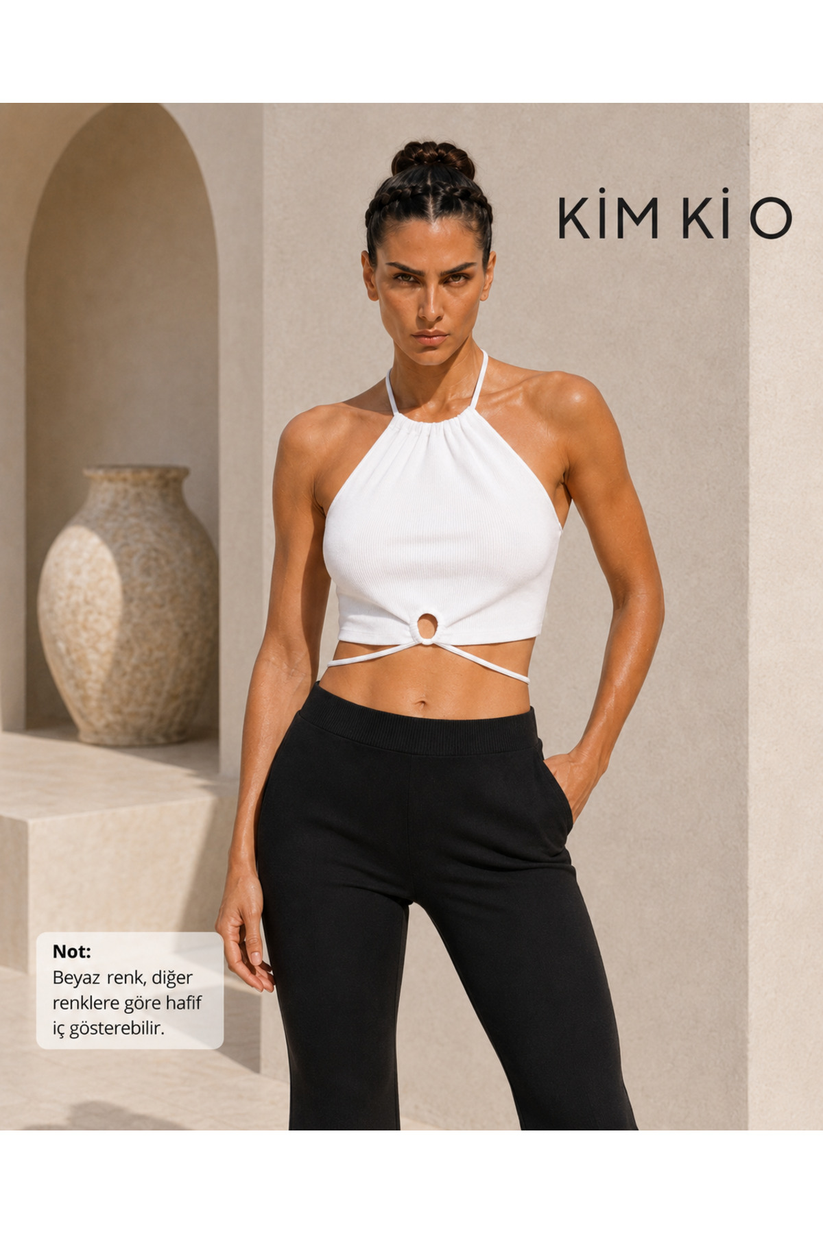 KİM Kİ O Kadın Halter Yaka Ön Halkalı Bağlamalı Kaşkorse Crop Top