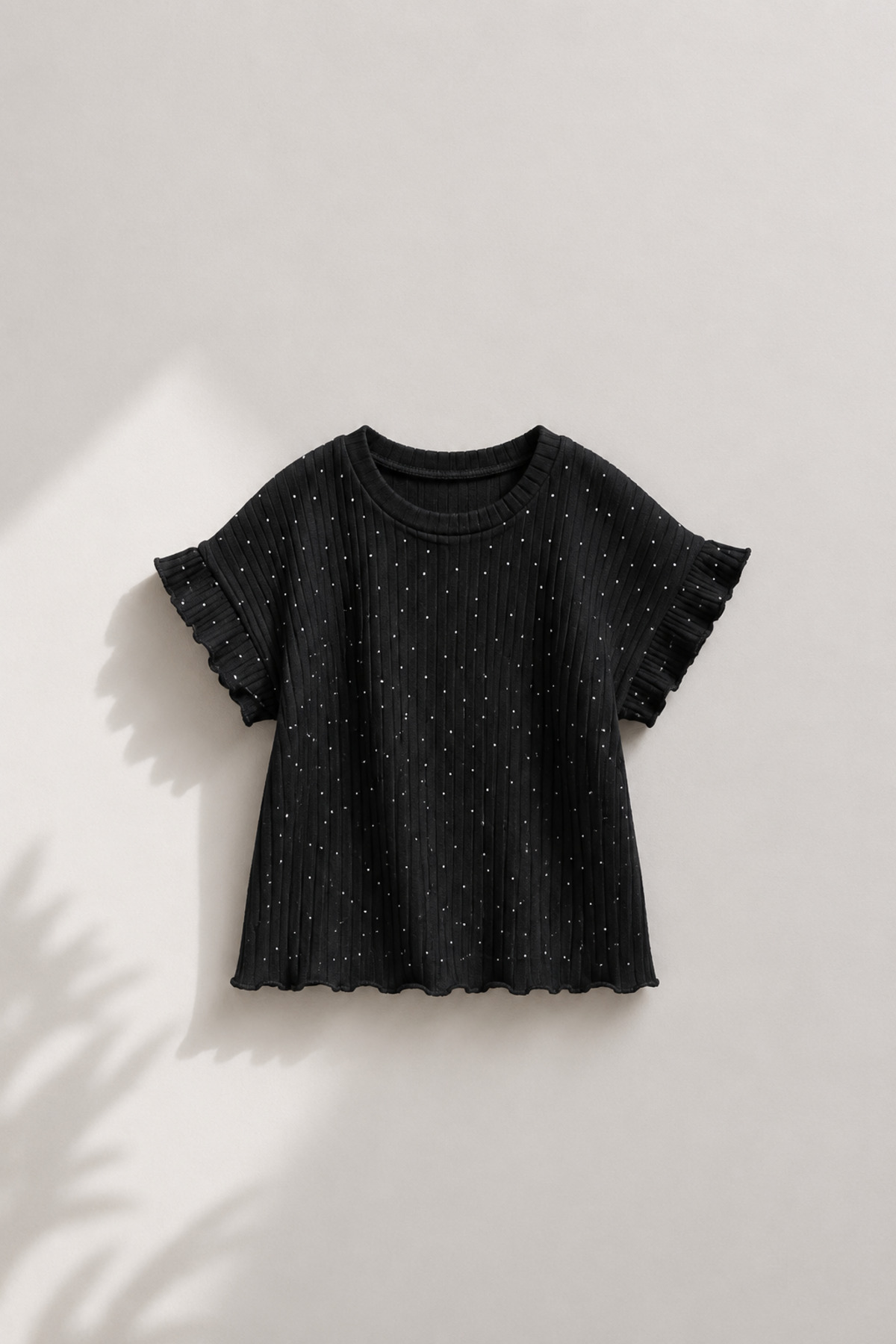 4-12 Years Ribbed Stone Detailed Shoulder Flywheel Sleeve Guipure Summer Short Sleeve Girls T-Shirt&Blouse