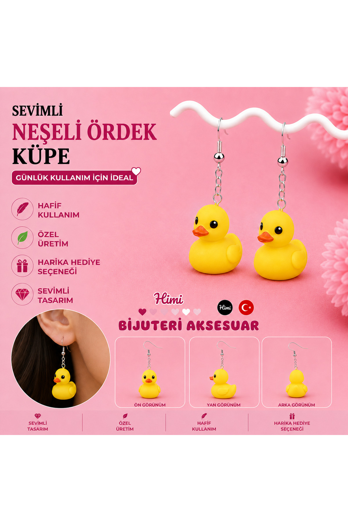 Sevimli Neşeli Ördek Hayvan Figürlü Sallantılı Küpe Hafif Tasarım Günlük Kullanım Bijuteri Çocuk Küpesi