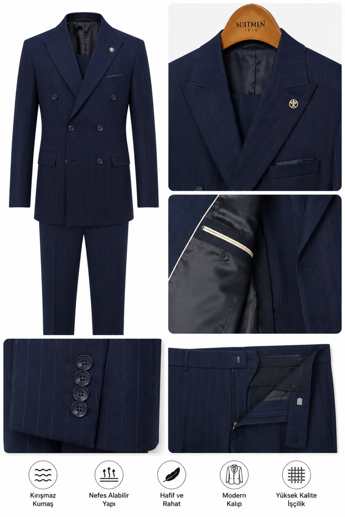 Lacivert Çizgili Kruvaze Erkek Takım Elbise – Slim Fit Modern Kesim — سرمه‌ای BYMEN10200393