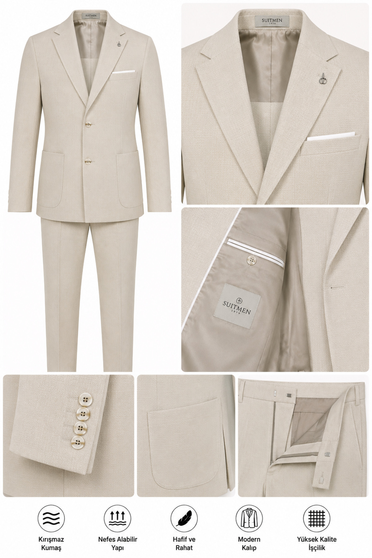 BYMEN ERKEK GİYİM BYMEN Erkek Açık Bej Dokulu Slim Fit Takım Elbise Ceket Pantolon Kombin