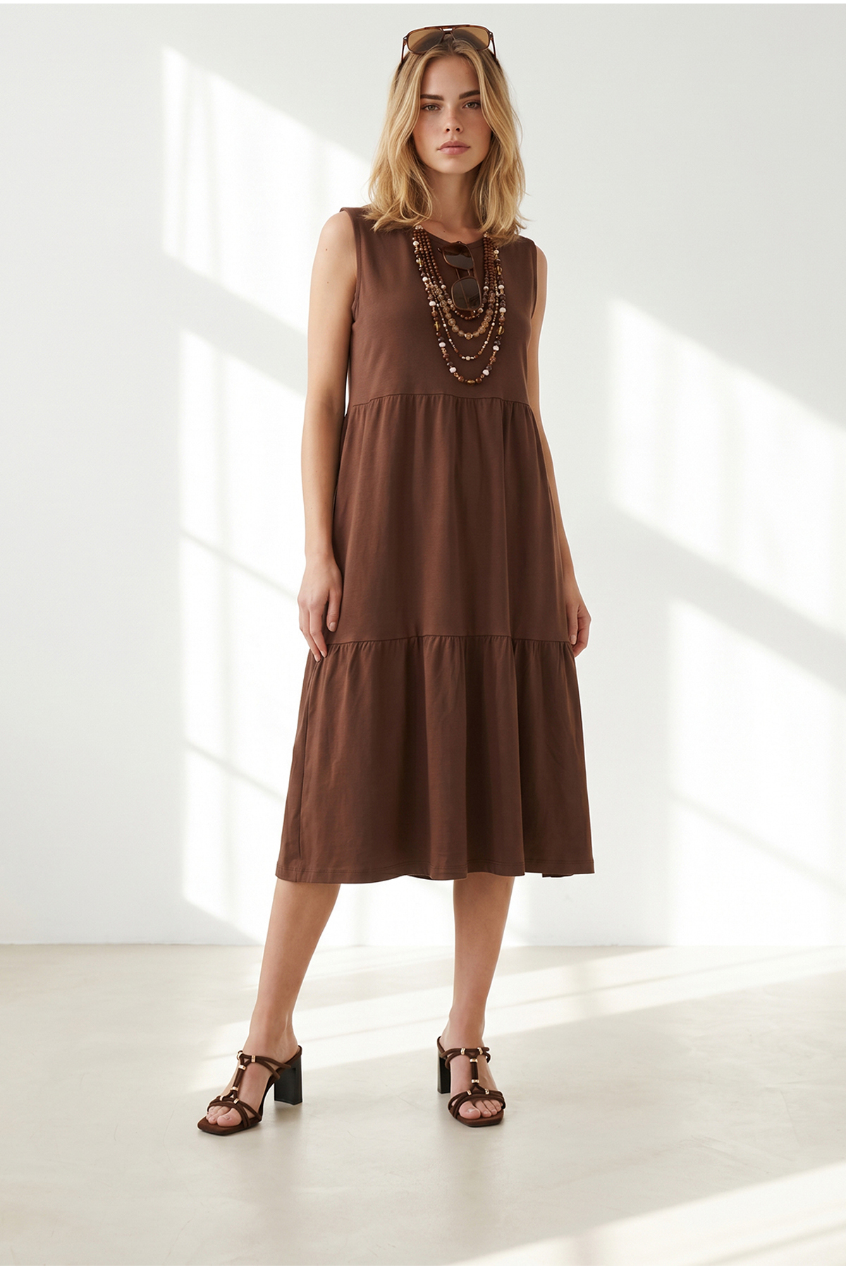 Women's Brown Crew Neck Sleeveless Cotton Dress DRESS-19002665